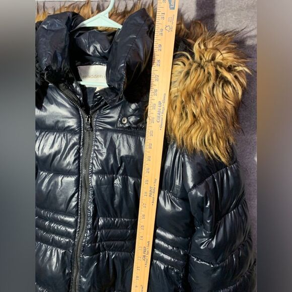 Madden Girl Shinny Puffer Jacket Women Navy Fur Hooded Winter Coat Size Medium - Picture 5 of 8